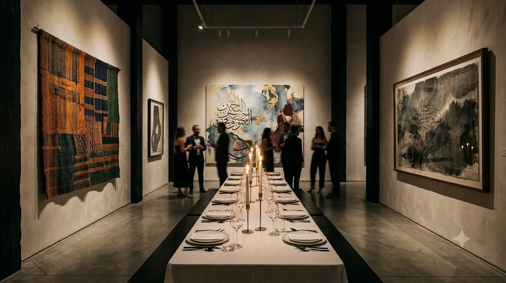 A candlelit room set for a private gathering of collectors and artists